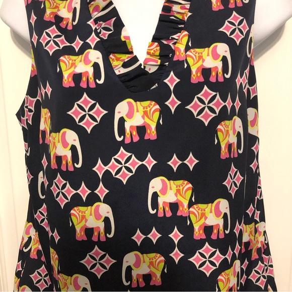 Crown & Ivy Elephant Shift Dress Blue Ruffle Collared Sleeveless V-neckline 6P - Picture 4 of 10